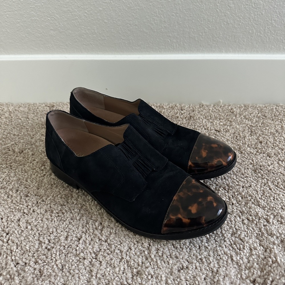 Vionic Jayla Slip On Loafers Women 8.5 Black Suede Tortoise Cap Toe Old Money